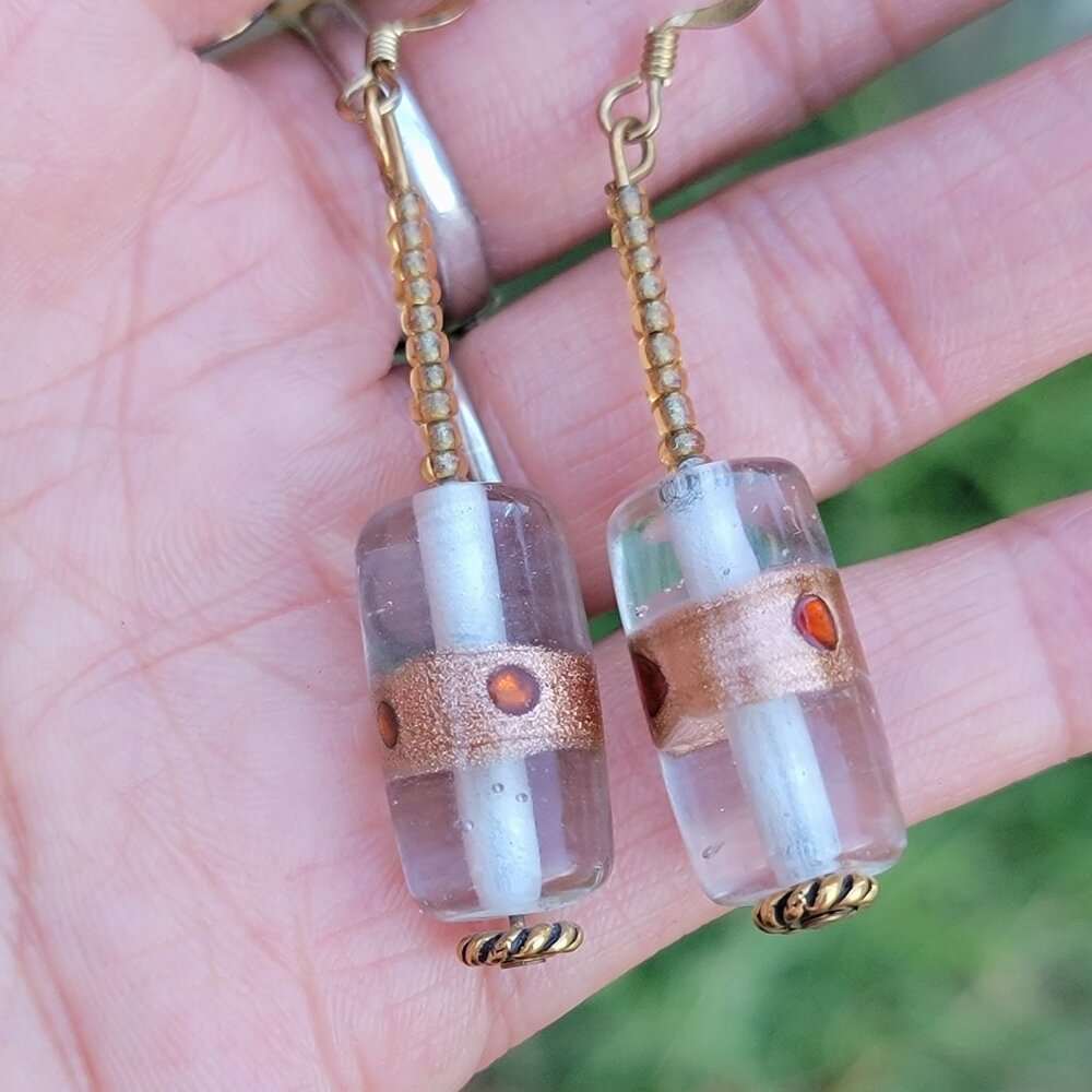 Gold handmade murano glass barrel beads earrings